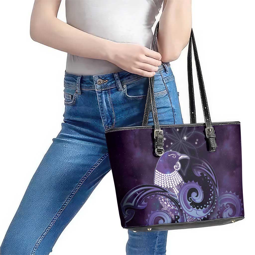 New Zealand Matariki Leather Tote Bag Maori Tui Bird Purple Galaxy DT05 - Polynesian Pride