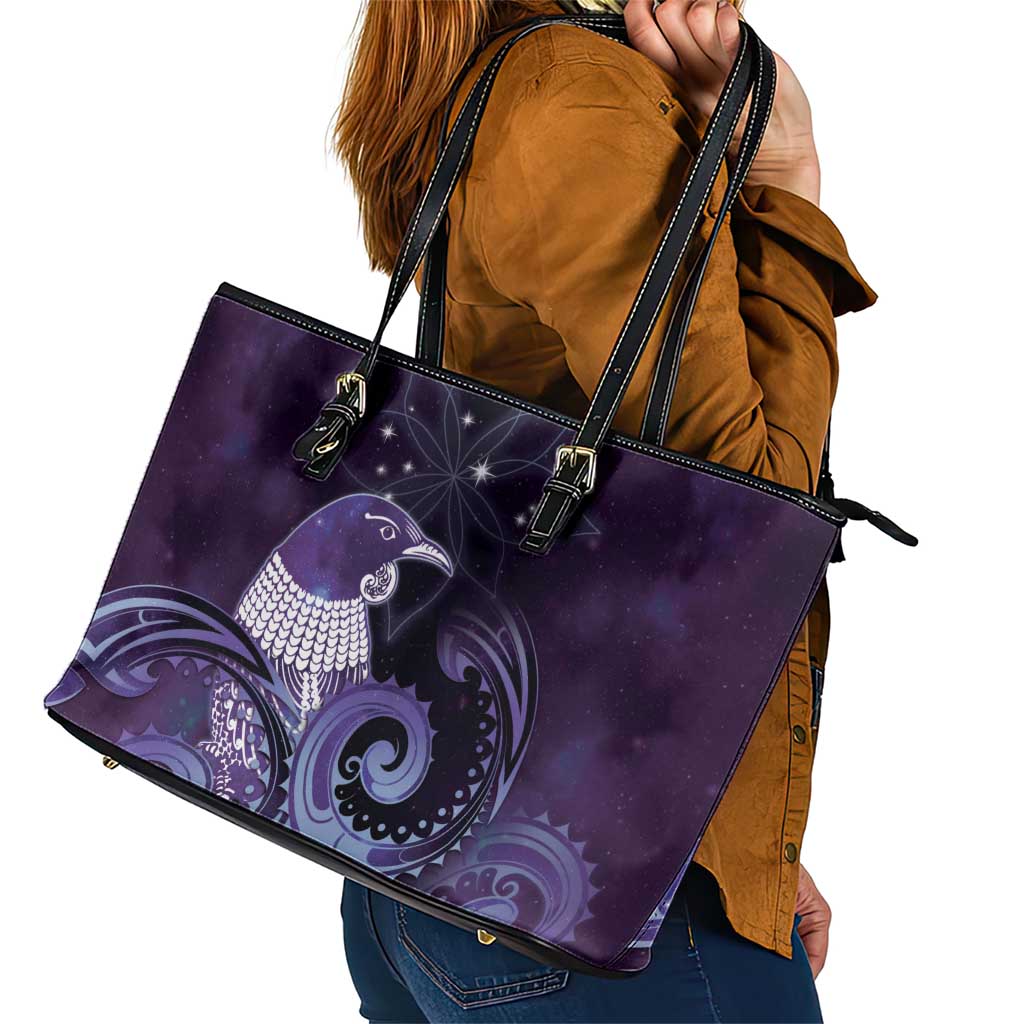 New Zealand Matariki Leather Tote Bag Maori Tui Bird Purple Galaxy DT05 - Polynesian Pride