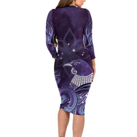 New Zealand Matariki Long Sleeve Bodycon Dress Maori Tui Bird Purple Galaxy