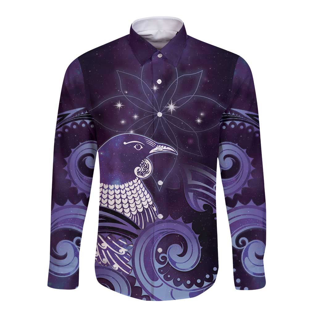 New Zealand Matariki Long Sleeve Button Shirt Maori Tui Bird Purple Galaxy DT05 Unisex Purple - Polynesian Pride