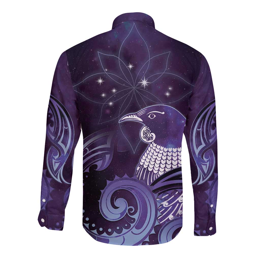 New Zealand Matariki Long Sleeve Button Shirt Maori Tui Bird Purple Galaxy DT05 - Polynesian Pride