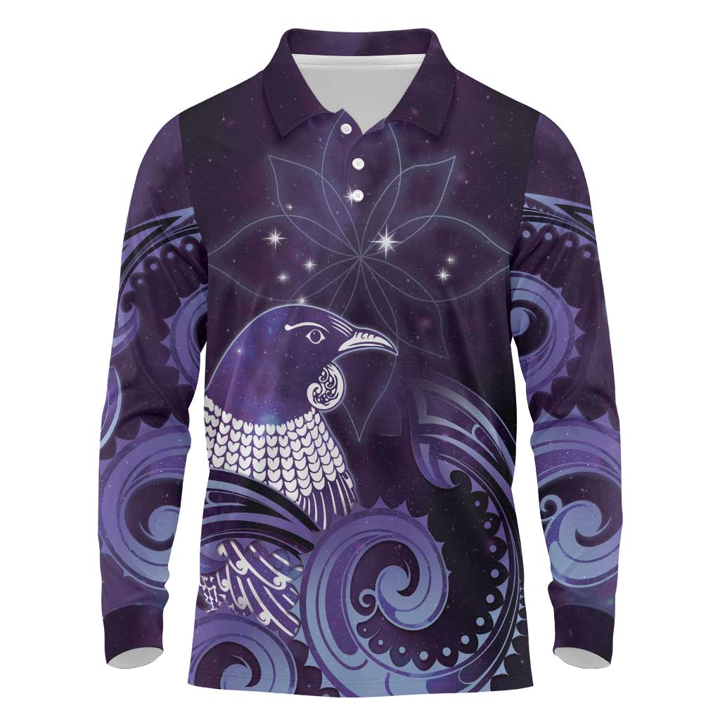 New Zealand Matariki Long Sleeve Polo Shirt Maori Tui Bird Purple Galaxy