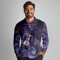 New Zealand Matariki Long Sleeve Polo Shirt Maori Tui Bird Purple Galaxy