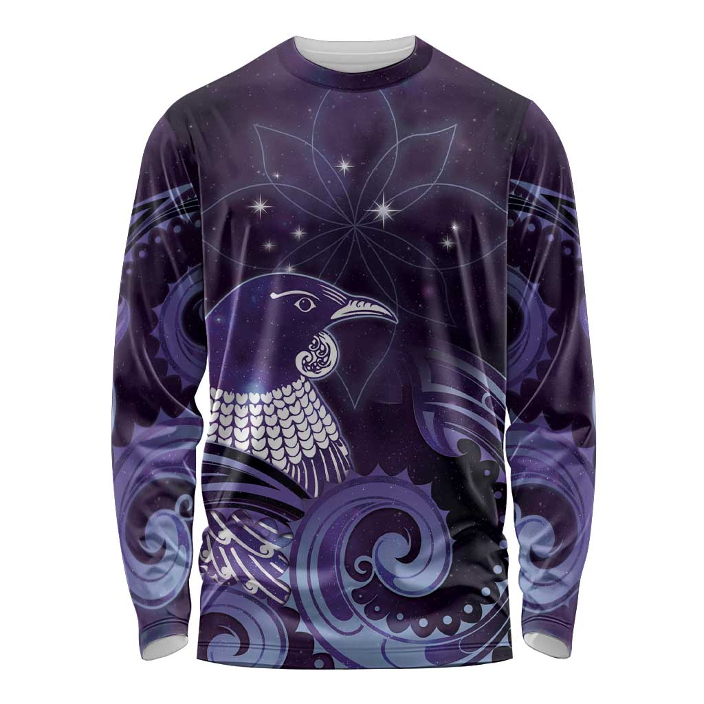 New Zealand Matariki Long Sleeve Shirt Maori Tui Bird Purple Galaxy DT05 Unisex Purple - Polynesian Pride