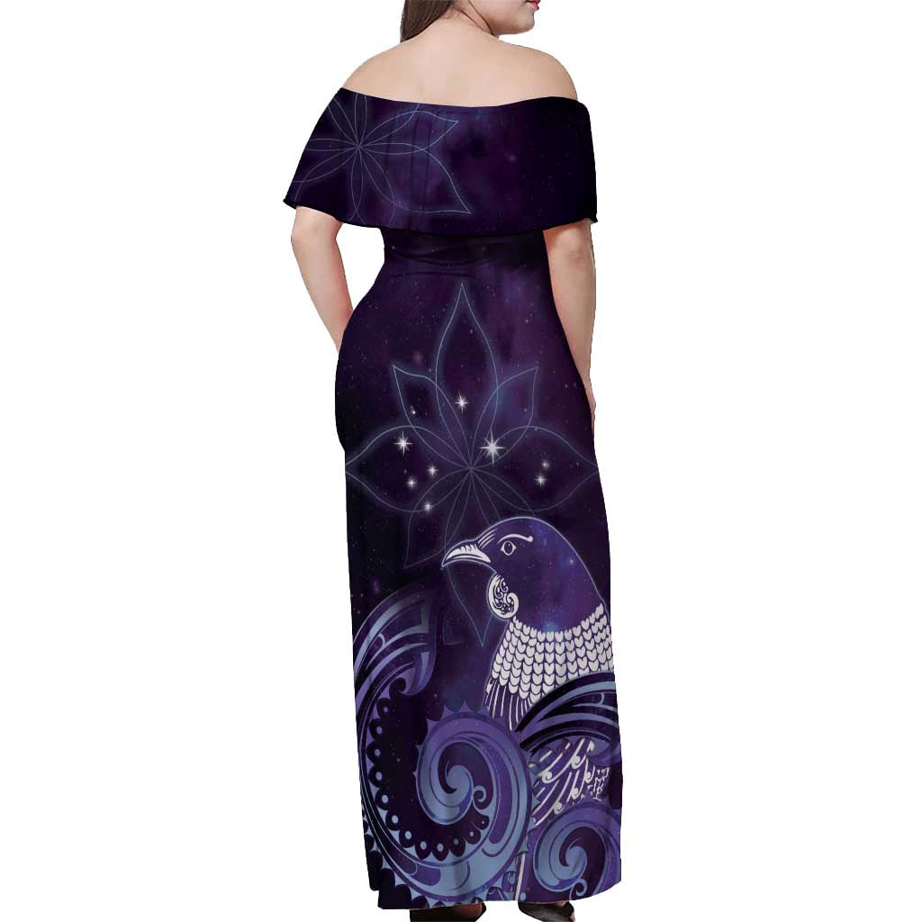 New Zealand Matariki Off Shoulder Maxi Dress Maori Tui Bird Purple Galaxy