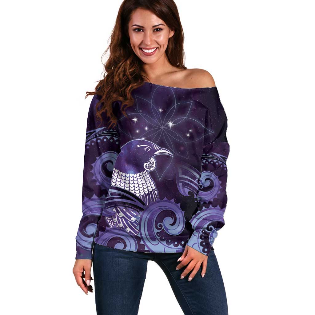New Zealand Matariki Off Shoulder Sweater Maori Tui Bird Purple Galaxy