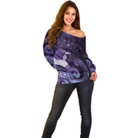 New Zealand Matariki Off Shoulder Sweater Maori Tui Bird Purple Galaxy