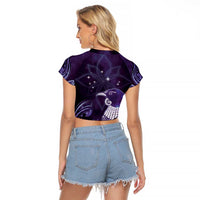 New Zealand Matariki Raglan Cropped T Shirt Maori Tui Bird Purple Galaxy DT05 - Polynesian Pride
