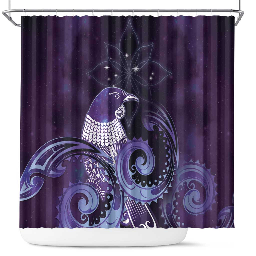 New Zealand Matariki Shower Curtain Maori Tui Bird Purple Galaxy DT05 Purple - Polynesian Pride
