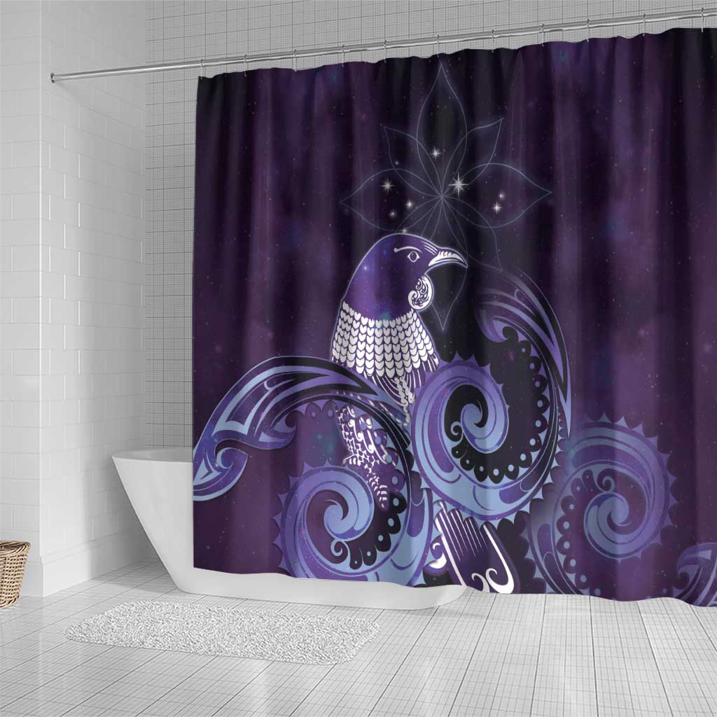 New Zealand Matariki Shower Curtain Maori Tui Bird Purple Galaxy DT05 - Polynesian Pride