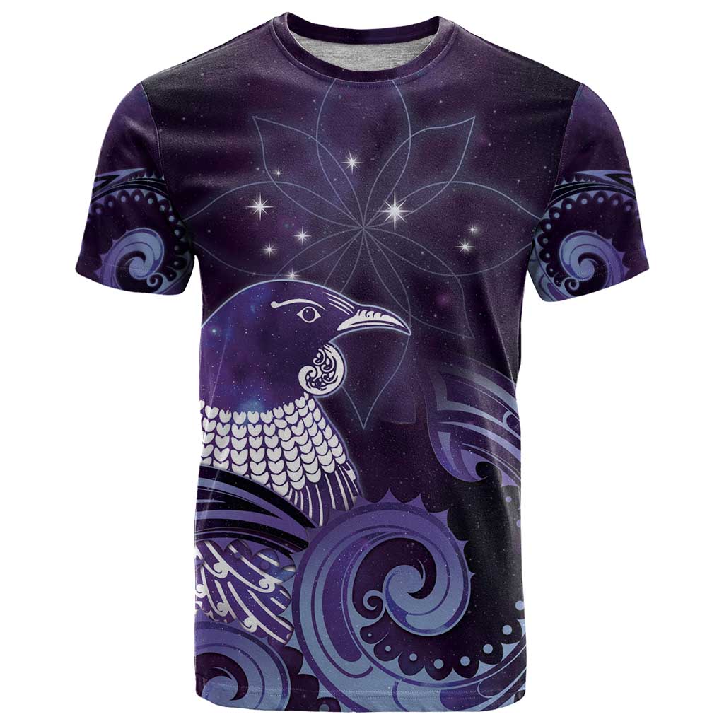 New Zealand Matariki T Shirt Maori Tui Bird Purple Galaxy DT05 Purple - Polynesian Pride