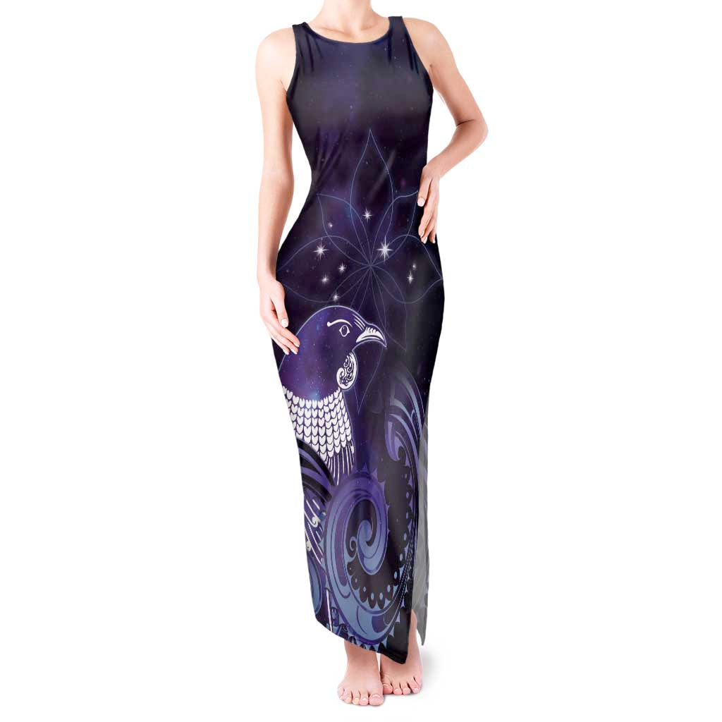 New Zealand Matariki Tank Maxi Dress Maori Tui Bird Purple Galaxy