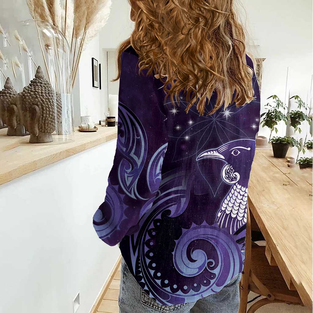 New Zealand Matariki Women Casual Shirt Maori Tui Bird Purple Galaxy