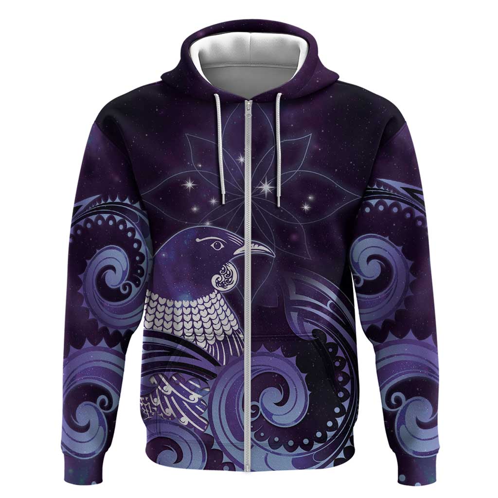 New Zealand Matariki Zip Hoodie Maori Tui Bird Purple Galaxy DT05 Zip Hoodie Purple - Polynesian Pride