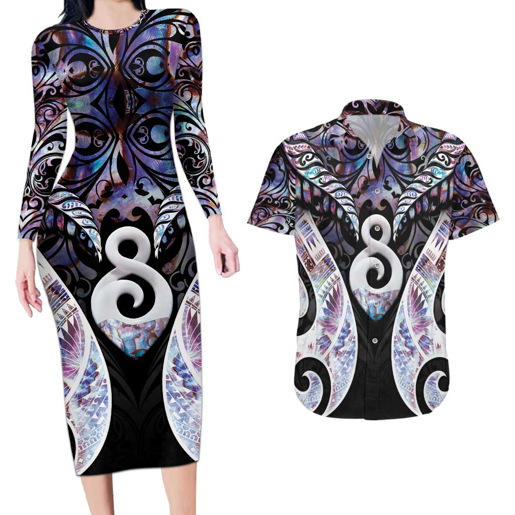 New Zealand Aotearoa Couples Matching Long Sleeve Bodycon Dress and Hawaiian Shirt Pikorua Single Twist Pink Paua Shell
