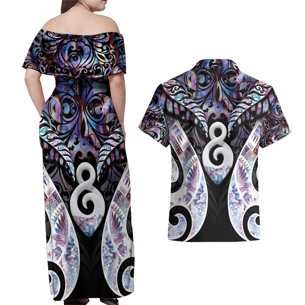 New Zealand Aotearoa Couples Matching Off Shoulder Maxi Dress and Hawaiian Shirt Pikorua Single Twist Pink Paua Shell