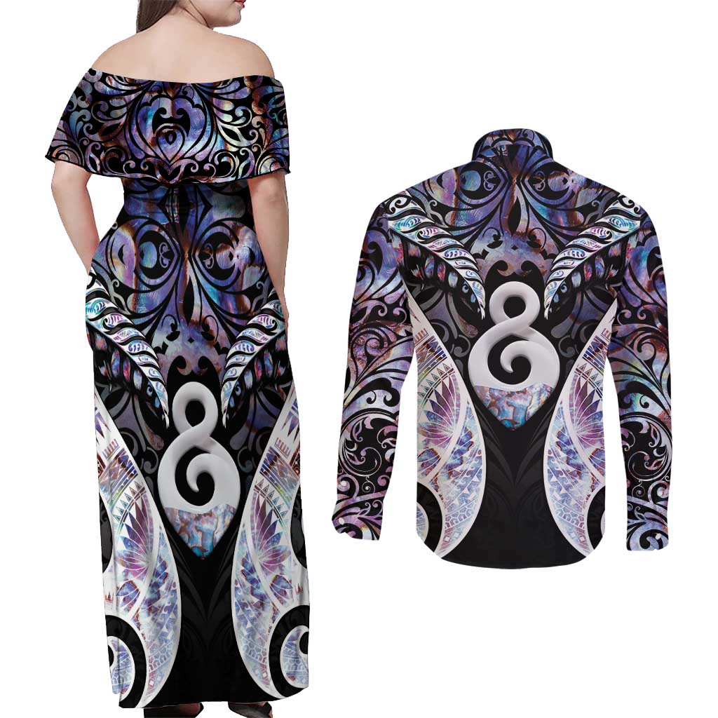 New Zealand Aotearoa Couples Matching Off Shoulder Maxi Dress and Long Sleeve Button Shirt Pikorua Single Twist Pink Paua Shell DT05 - Polynesian Pride