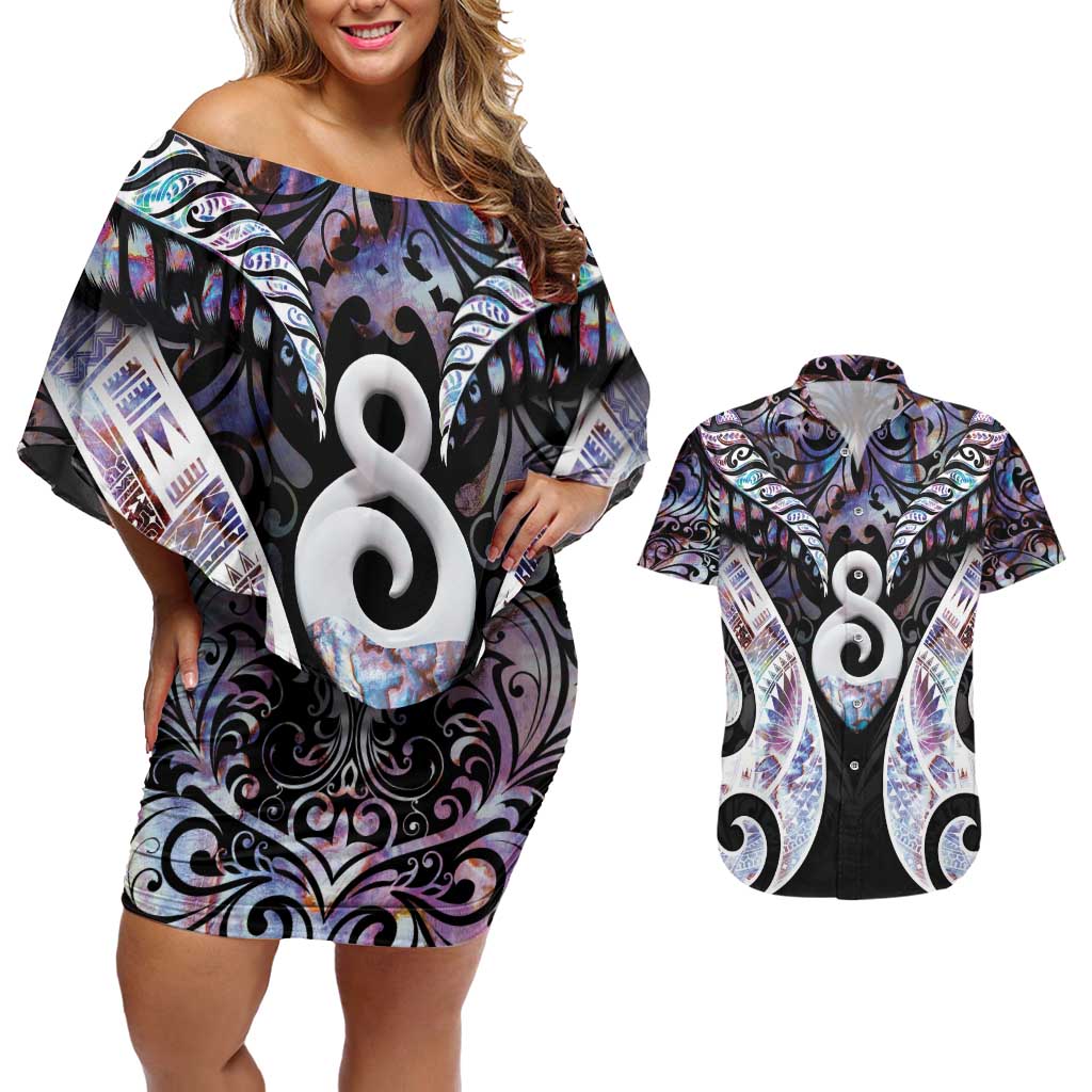 New Zealand Aotearoa Couples Matching Off Shoulder Short Dress and Hawaiian Shirt Pikorua Single Twist Pink Paua Shell