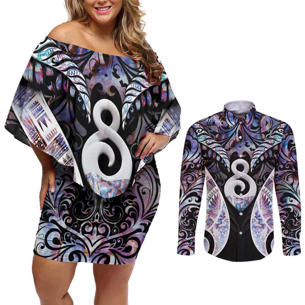 New Zealand Aotearoa Couples Matching Off Shoulder Short Dress and Long Sleeve Button Shirt Pikorua Single Twist Pink Paua Shell DT05 Pink - Polynesian Pride