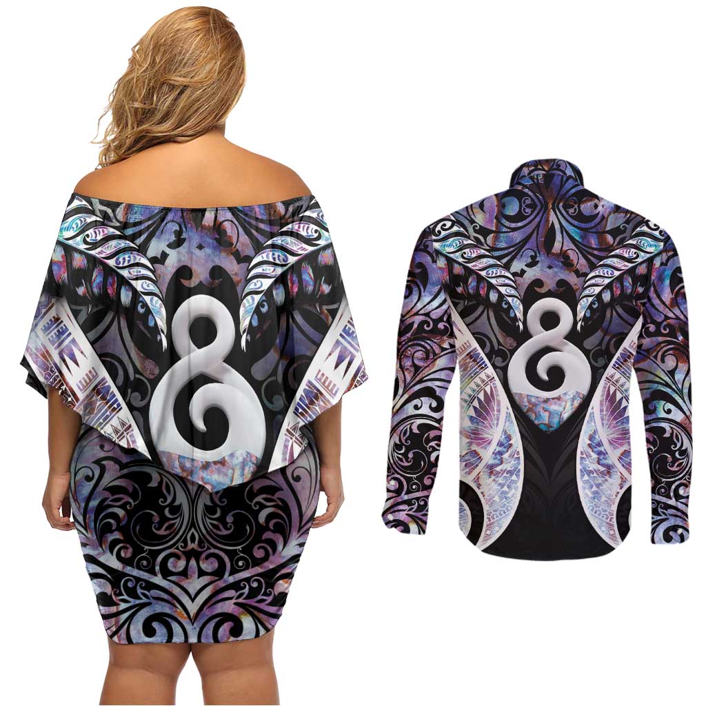 New Zealand Aotearoa Couples Matching Off Shoulder Short Dress and Long Sleeve Button Shirt Pikorua Single Twist Pink Paua Shell DT05 - Polynesian Pride