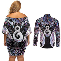 New Zealand Aotearoa Couples Matching Off Shoulder Short Dress and Long Sleeve Button Shirt Pikorua Single Twist Pink Paua Shell DT05 - Polynesian Pride