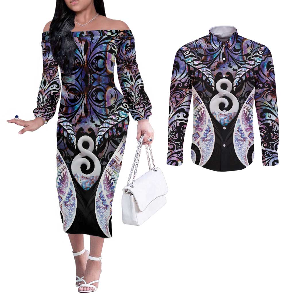 New Zealand Aotearoa Couples Matching Off The Shoulder Long Sleeve Dress and Long Sleeve Button Shirt Pikorua Single Twist Pink Paua Shell