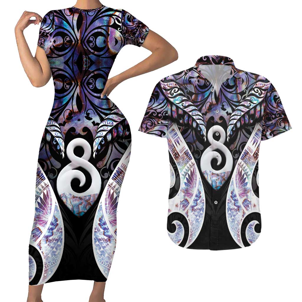 New Zealand Aotearoa Couples Matching Short Sleeve Bodycon Dress and Hawaiian Shirt Pikorua Single Twist Pink Paua Shell