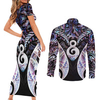 New Zealand Aotearoa Couples Matching Short Sleeve Bodycon Dress and Long Sleeve Button Shirt Pikorua Single Twist Pink Paua Shell