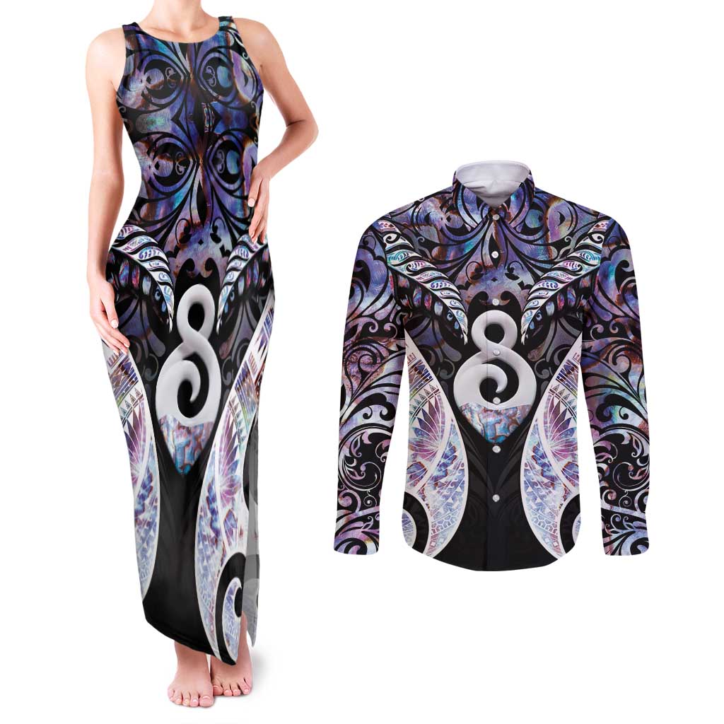 New Zealand Aotearoa Couples Matching Tank Maxi Dress and Long Sleeve Button Shirt Pikorua Single Twist Pink Paua Shell DT05 Pink - Polynesian Pride