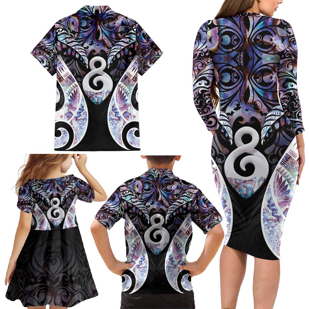 New Zealand Aotearoa Family Matching Long Sleeve Bodycon Dress and Hawaiian Shirt Pikorua Single Twist Pink Paua Shell