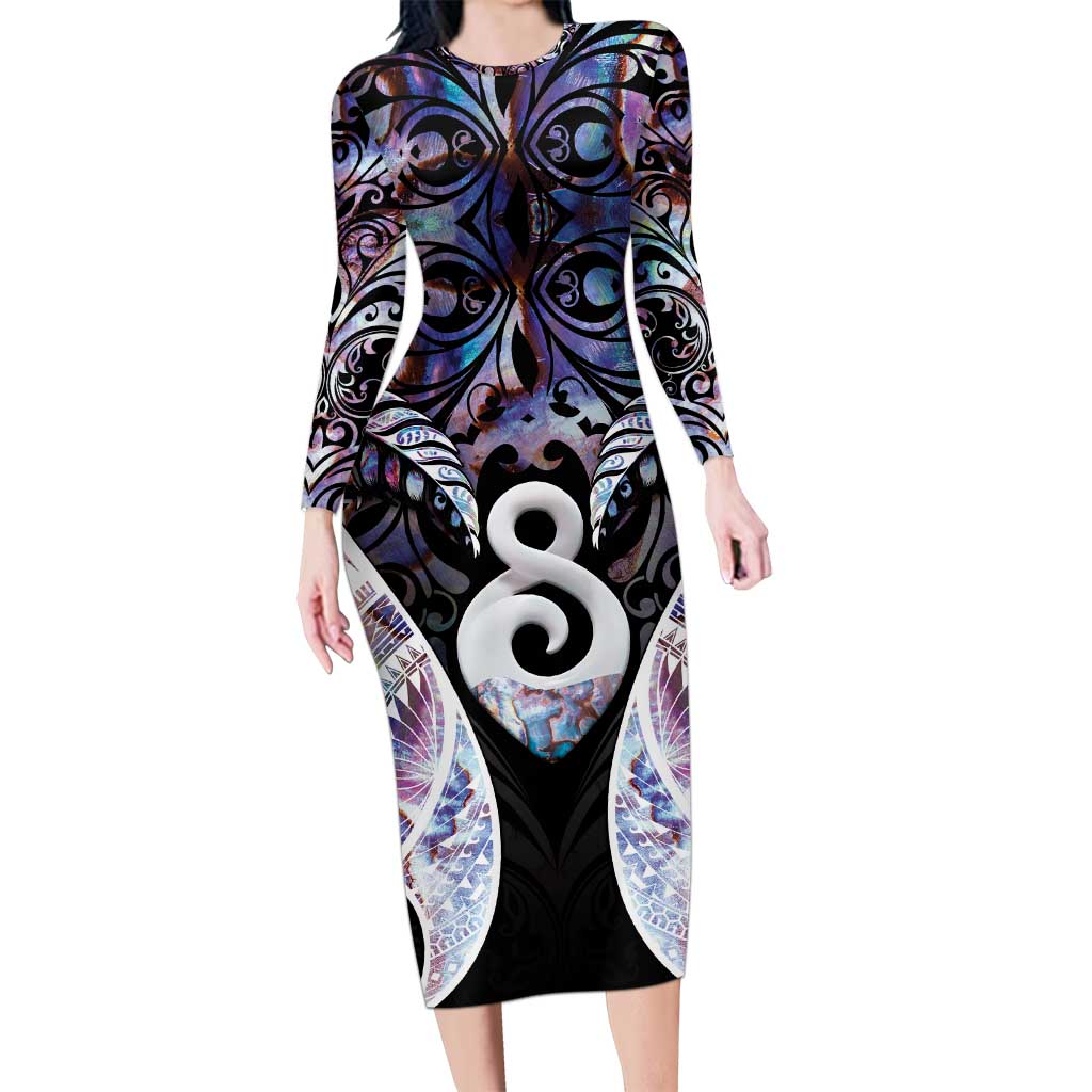 New Zealand Aotearoa Family Matching Long Sleeve Bodycon Dress and Hawaiian Shirt Pikorua Single Twist Pink Paua Shell