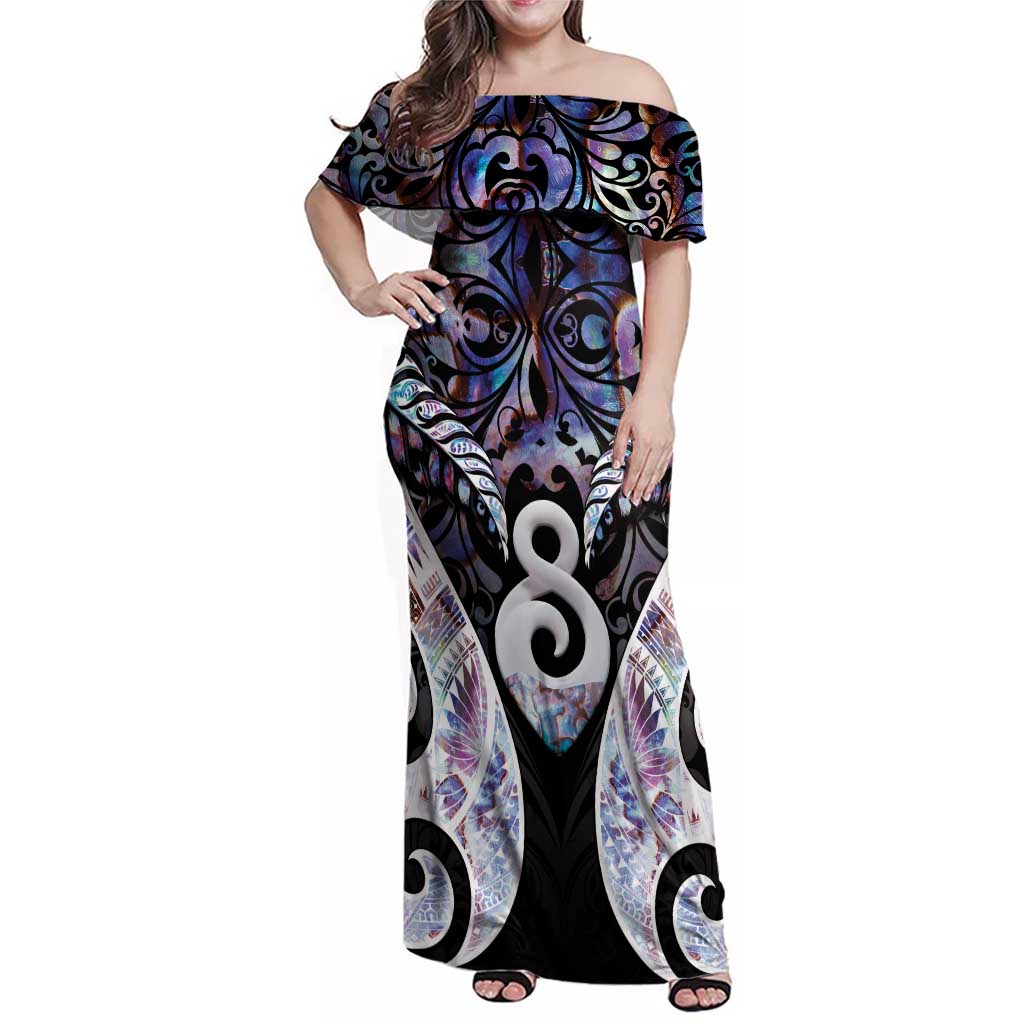 New Zealand Aotearoa Family Matching Off Shoulder Maxi Dress and Hawaiian Shirt Pikorua Single Twist Pink Paua Shell