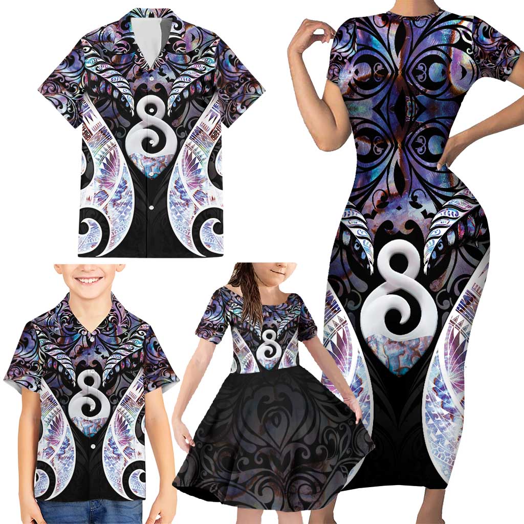 New Zealand Aotearoa Family Matching Short Sleeve Bodycon Dress and Hawaiian Shirt Pikorua Single Twist Pink Paua Shell