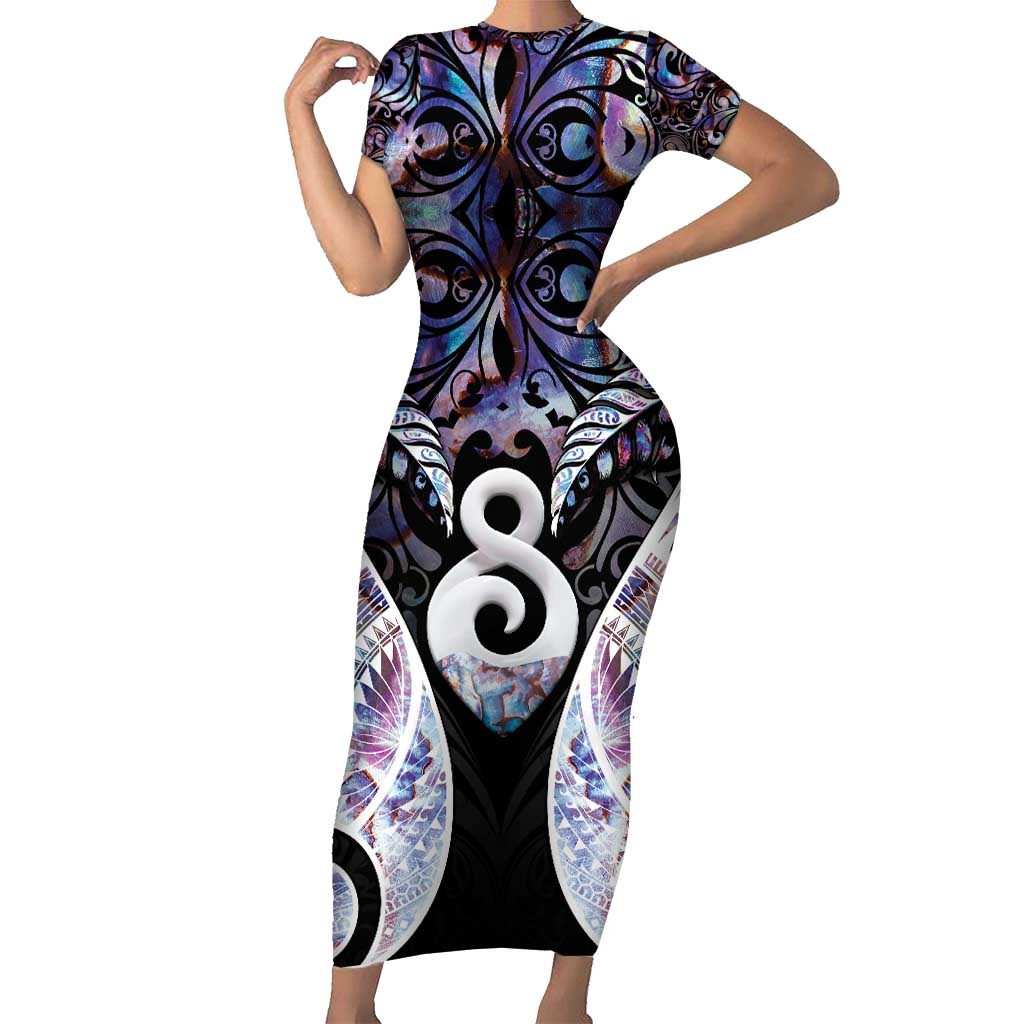 New Zealand Aotearoa Family Matching Short Sleeve Bodycon Dress and Hawaiian Shirt Pikorua Single Twist Pink Paua Shell