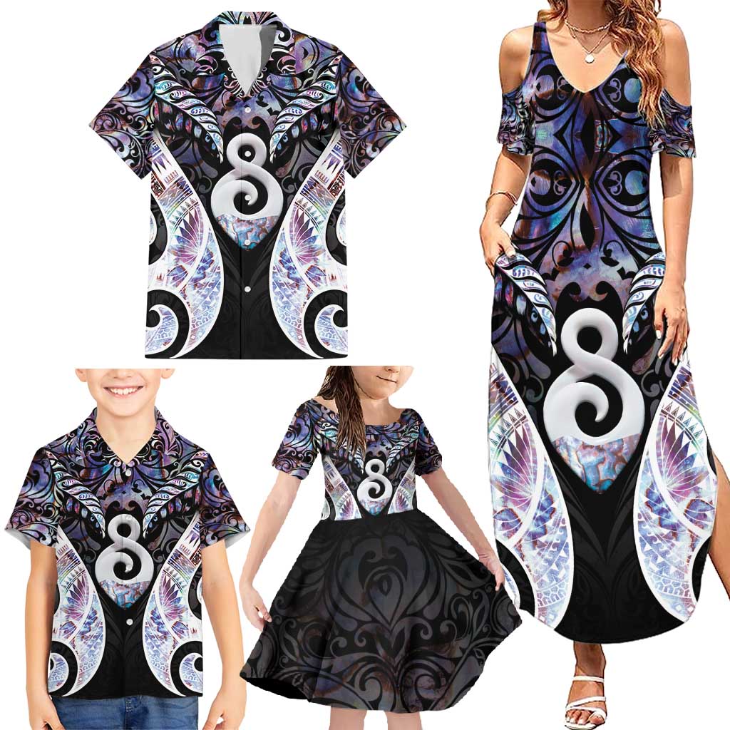 New Zealand Aotearoa Family Matching Summer Maxi Dress and Hawaiian Shirt Pikorua Single Twist Pink Paua Shell