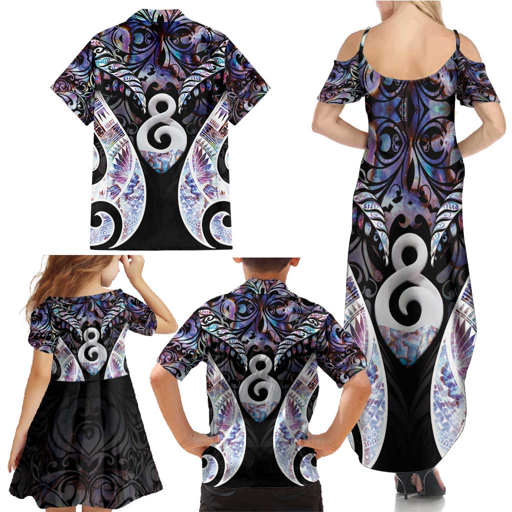 New Zealand Aotearoa Family Matching Summer Maxi Dress and Hawaiian Shirt Pikorua Single Twist Pink Paua Shell