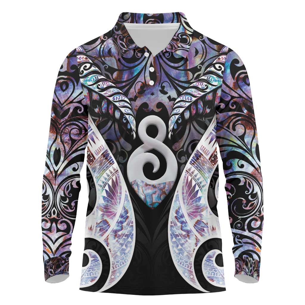 New Zealand Aotearoa Long Sleeve Polo Shirt Pikorua Single Twist Pink Paua Shell DT05 Pink - Polynesian Pride