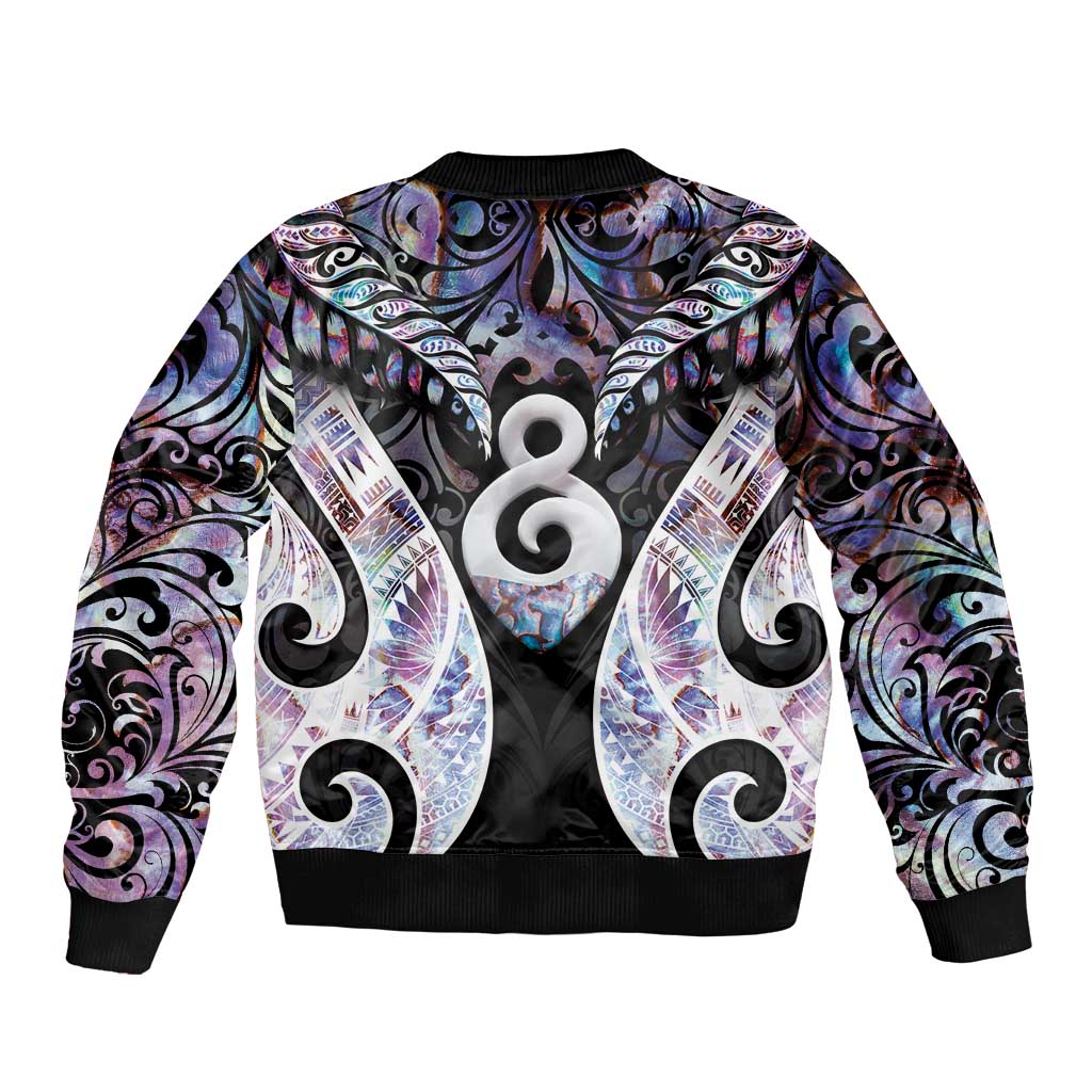 New Zealand Aotearoa Sleeve Zip Bomber Jacket Pikorua Single Twist Pink Paua Shell
