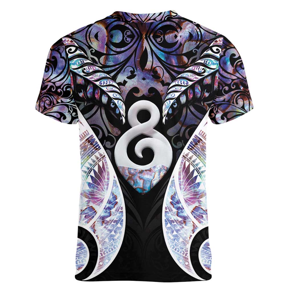 New Zealand Aotearoa Women V-Neck T-Shirt Pikorua Single Twist Pink Paua Shell DT05 - Polynesian Pride