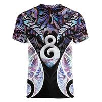 New Zealand Aotearoa Women V-Neck T-Shirt Pikorua Single Twist Pink Paua Shell DT05 - Polynesian Pride