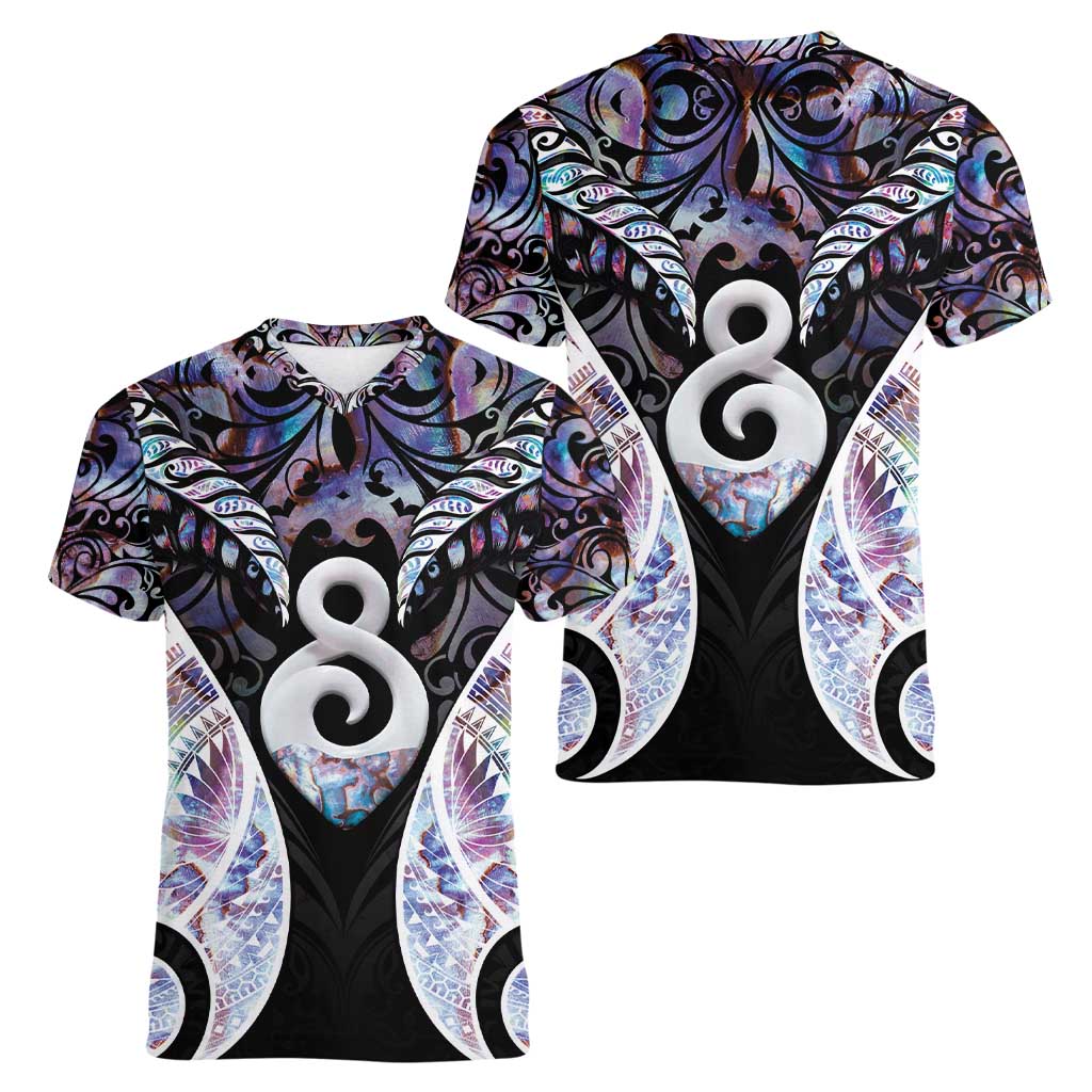 New Zealand Aotearoa Women V-Neck T-Shirt Pikorua Single Twist Pink Paua Shell DT05 - Polynesian Pride