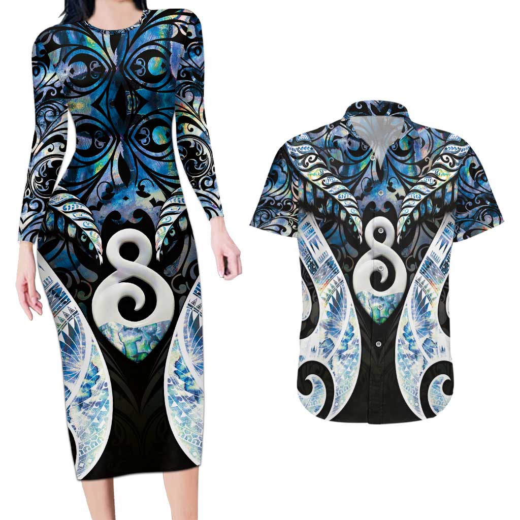 New Zealand Aotearoa Couples Matching Long Sleeve Bodycon Dress and Hawaiian Shirt Pikorua Single Twist Green Paua Shell