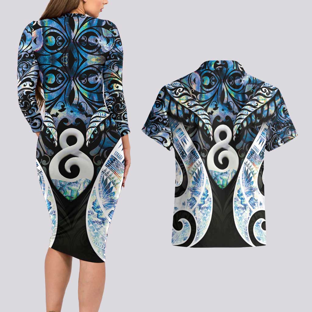 New Zealand Aotearoa Couples Matching Long Sleeve Bodycon Dress and Hawaiian Shirt Pikorua Single Twist Green Paua Shell