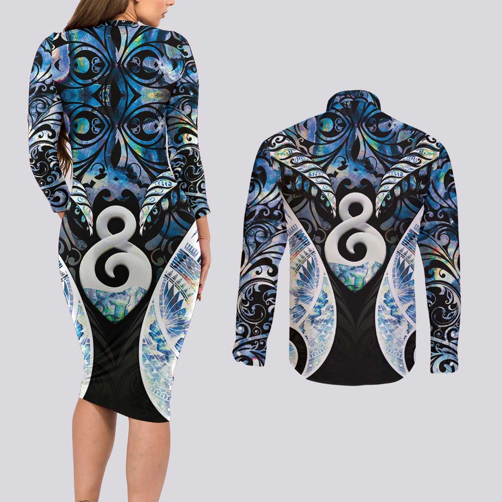 New Zealand Aotearoa Couples Matching Long Sleeve Bodycon Dress and Long Sleeve Button Shirt Pikorua Single Twist Green Paua Shell