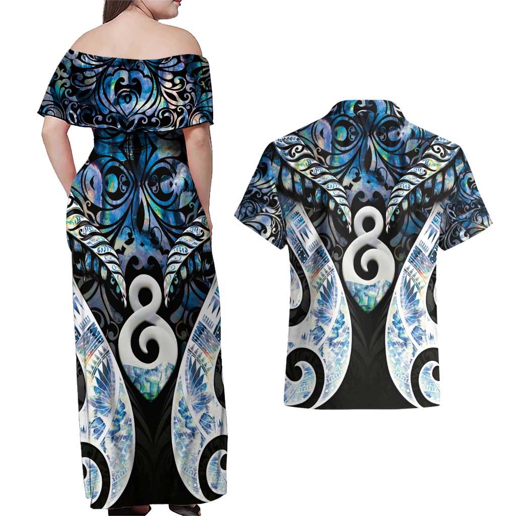 New Zealand Aotearoa Couples Matching Off Shoulder Maxi Dress and Hawaiian Shirt Pikorua Single Twist Green Paua Shell