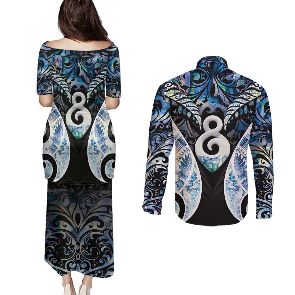 New Zealand Aotearoa Couples Matching Puletasi and Long Sleeve Button Shirt Pikorua Single Twist Green Paua Shell DT05 - Polynesian Pride