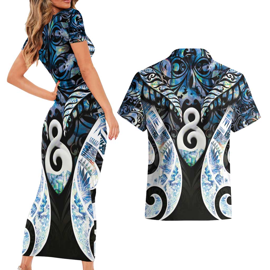 New Zealand Aotearoa Couples Matching Short Sleeve Bodycon Dress and Hawaiian Shirt Pikorua Single Twist Green Paua Shell