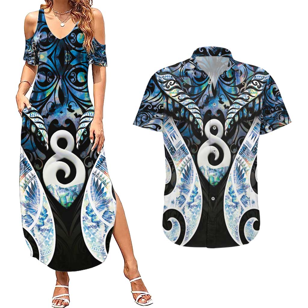 New Zealand Aotearoa Couples Matching Summer Maxi Dress and Hawaiian Shirt Pikorua Single Twist Green Paua Shell
