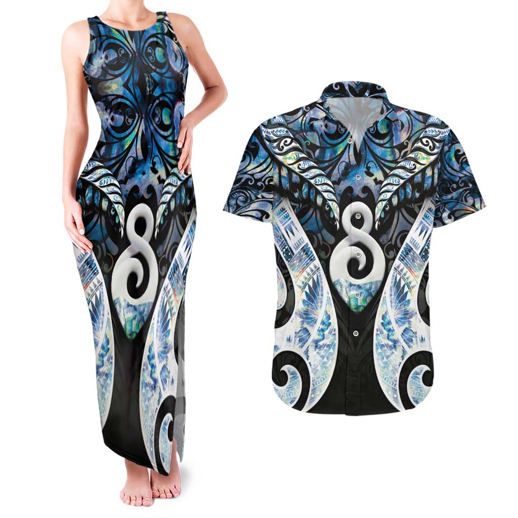 New Zealand Aotearoa Couples Matching Tank Maxi Dress and Hawaiian Shirt Pikorua Single Twist Green Paua Shell