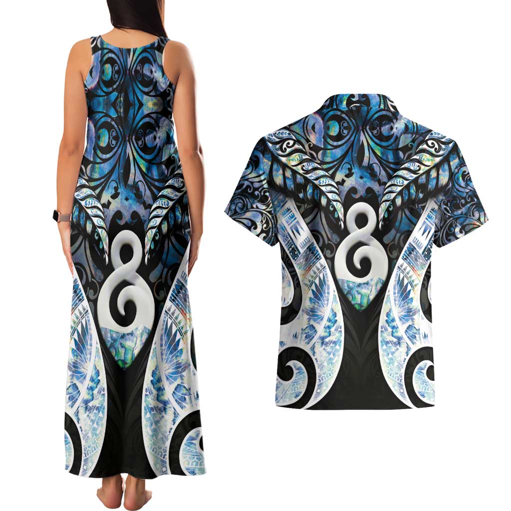 New Zealand Aotearoa Couples Matching Tank Maxi Dress and Hawaiian Shirt Pikorua Single Twist Green Paua Shell
